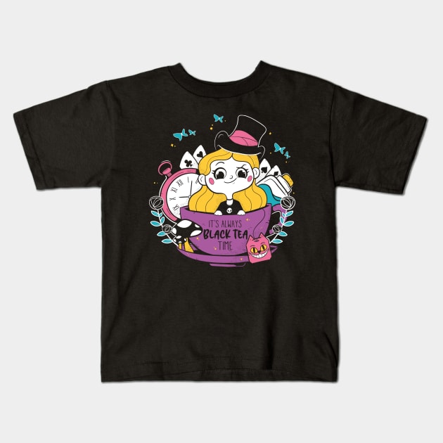 Black Tea Time Kids T-Shirt by studioyumie